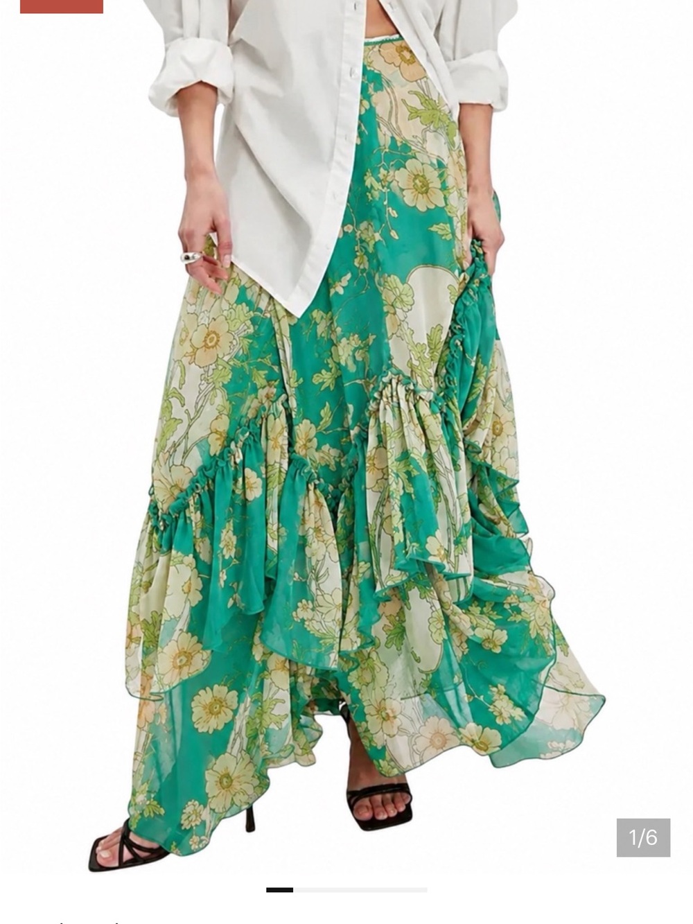 Amber Sky Floral Tiered Maxi Skirt — Green Floral Woman’s Size Large